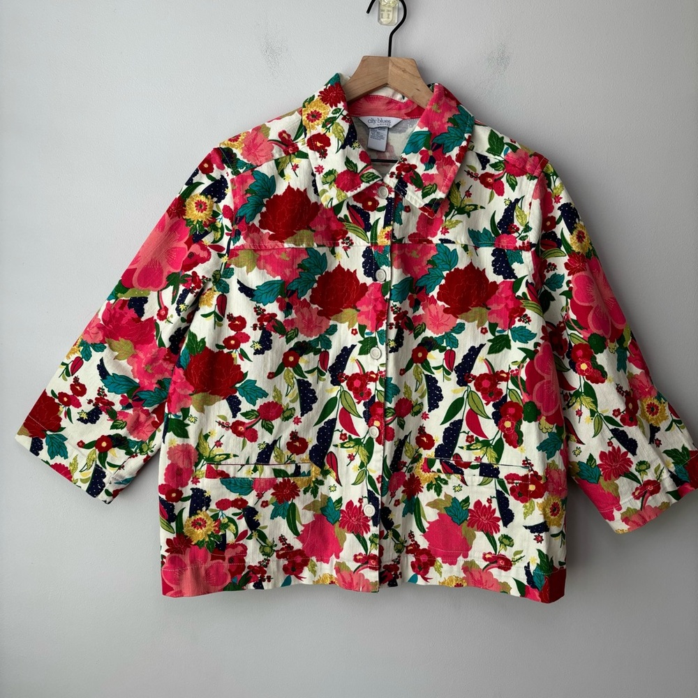 Floral Denim Jacket XL Cottagecore Coastal Grandma Oversized Koret Whimsy Artsy‎